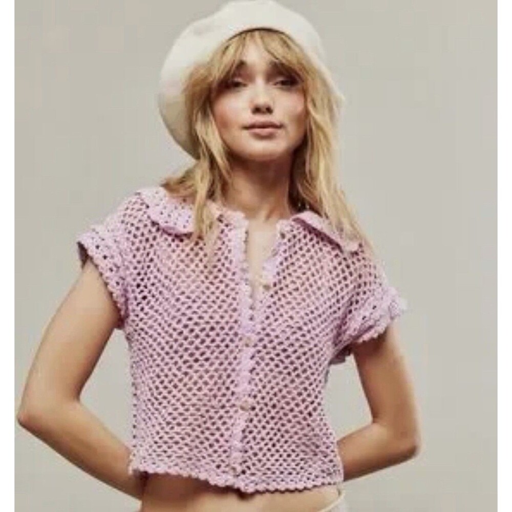 Free People Crochet Top Women Lily Lilac Collared Preppy Boho Retro Small NWT - Picture 3 of 11